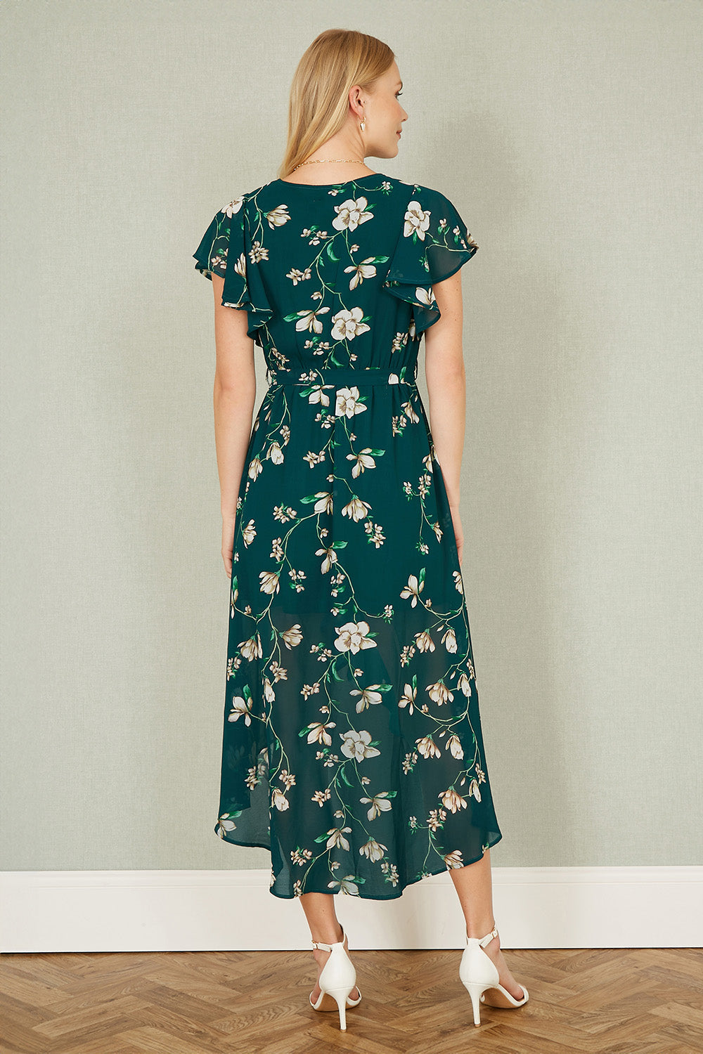 Yumi Green Floral Wrap Midi Dress with Frill Hem