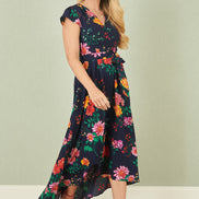 Yumi Navy Flower Print Wrap Midi Dress