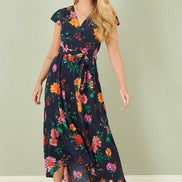 Yumi Navy Flower Print Wrap Midi Dress