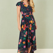 Yumi Navy Flower Print Wrap Midi Dress