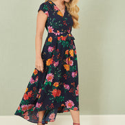 Yumi Navy Flower Print Wrap Midi Dress