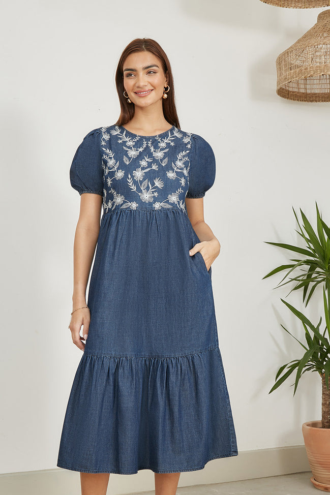 Yumi Blue Chambray Denim Midi Dress with Embroidery and Puff Sleeves