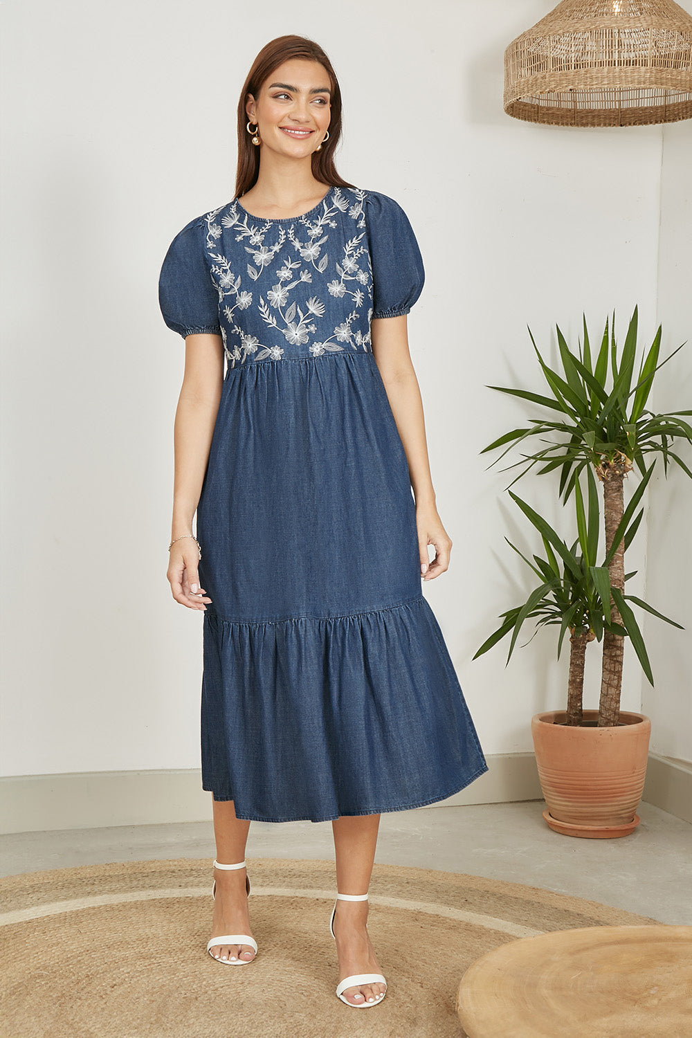 Yumi Blue Chambray Denim Midi Dress with Embroidery and Puff Sleeves
