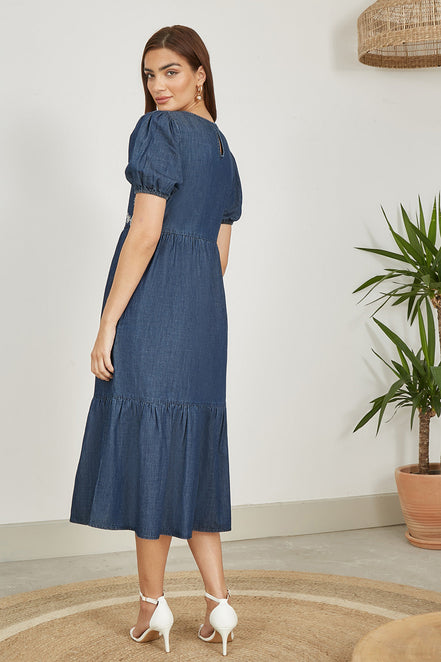 Yumi Blue Chambray Denim Midi Dress with Embroidery and Puff Sleeves