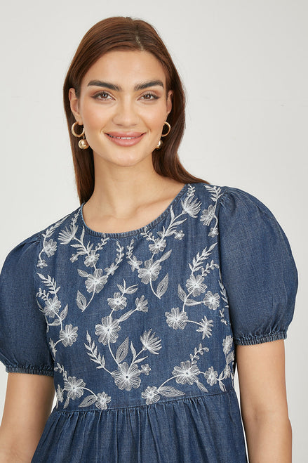 Yumi Blue Chambray Denim Midi Dress with Embroidery and Puff Sleeves