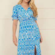 Yumi Blue Geo Print Puff Sleeve Midi Split Hemline