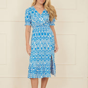 Yumi Blue Geo Print Puff Sleeve Midi Split Hemline