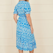 Yumi Blue Geo Print Puff Sleeve Midi Split Hemline