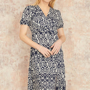 Yumi Navy Ikat Print Midi Dress with Split Hem