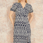 Yumi Navy Ikat Print Midi Dress with Split Hem