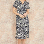 Yumi Navy Ikat Print Midi Dress with Split Hem