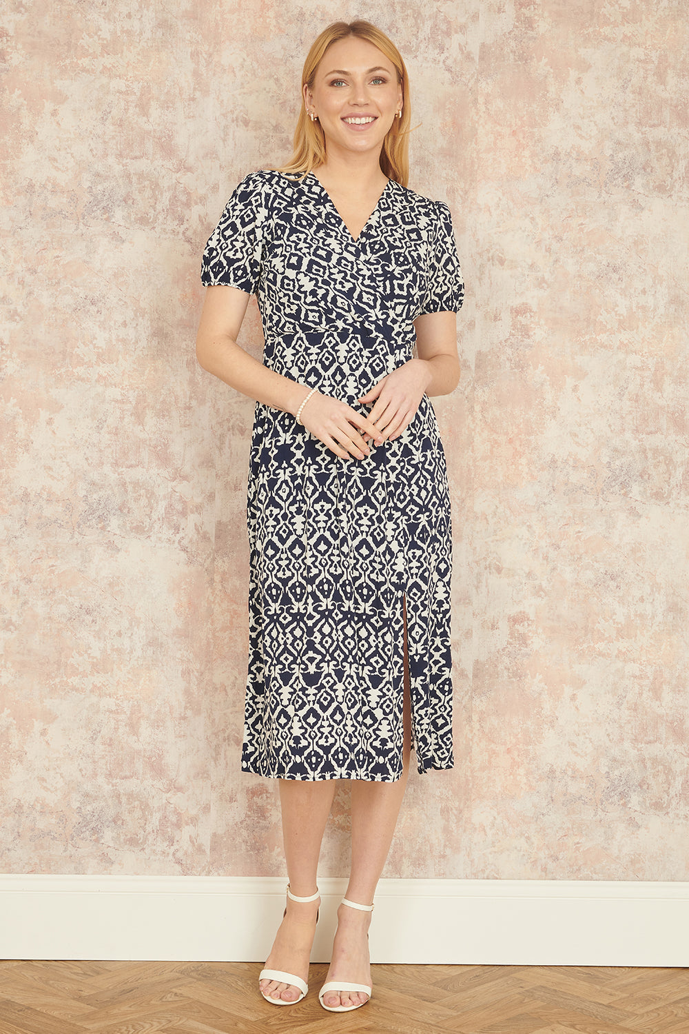 Yumi Navy Ikat Print Midi Dress with Split Hem