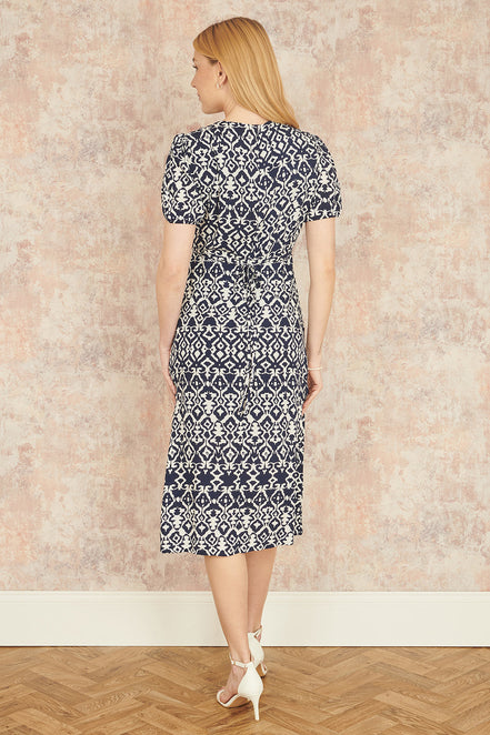 Yumi Navy Ikat Print Midi Dress with Split Hem