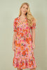 Yumi Pink Floral Midi Dress With Frill Hem and Puff Sleeves