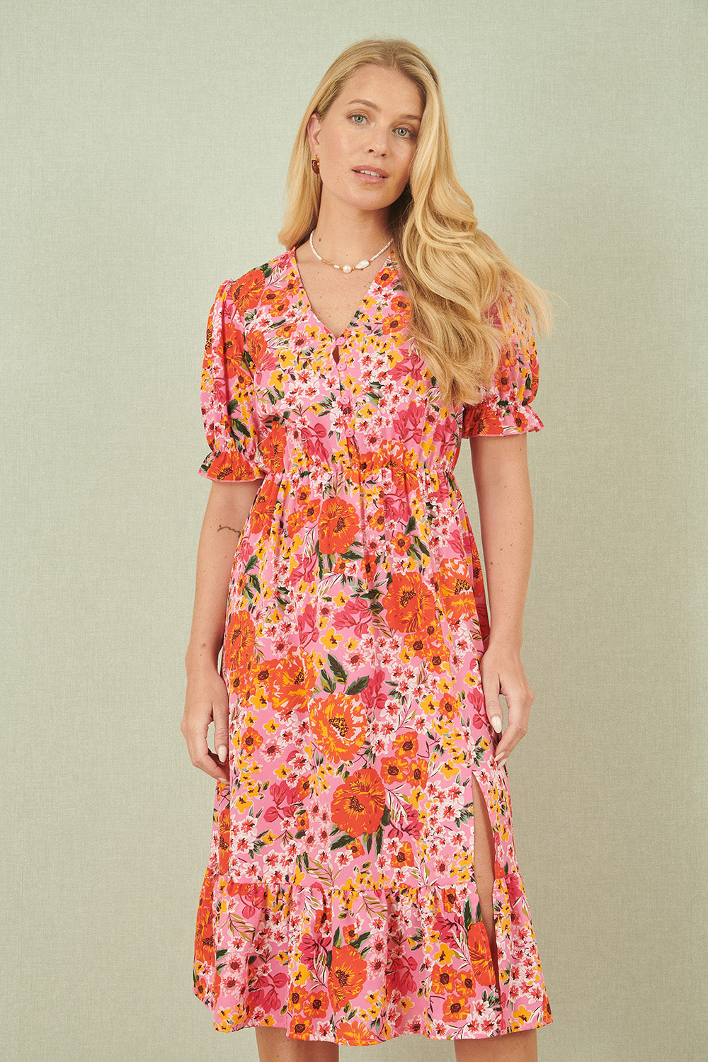 Yumi Pink Floral Midi Dress with Frill Hem and Puff Sleeves
