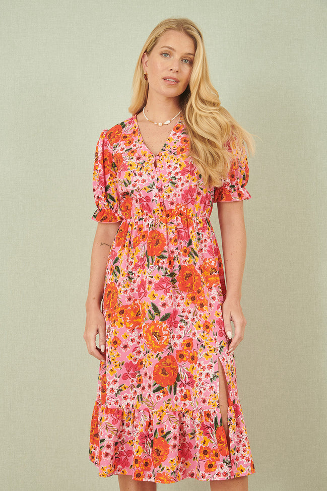 Yumi Pink Floral Midi Dress with Frill Hem and Puff Sleeves