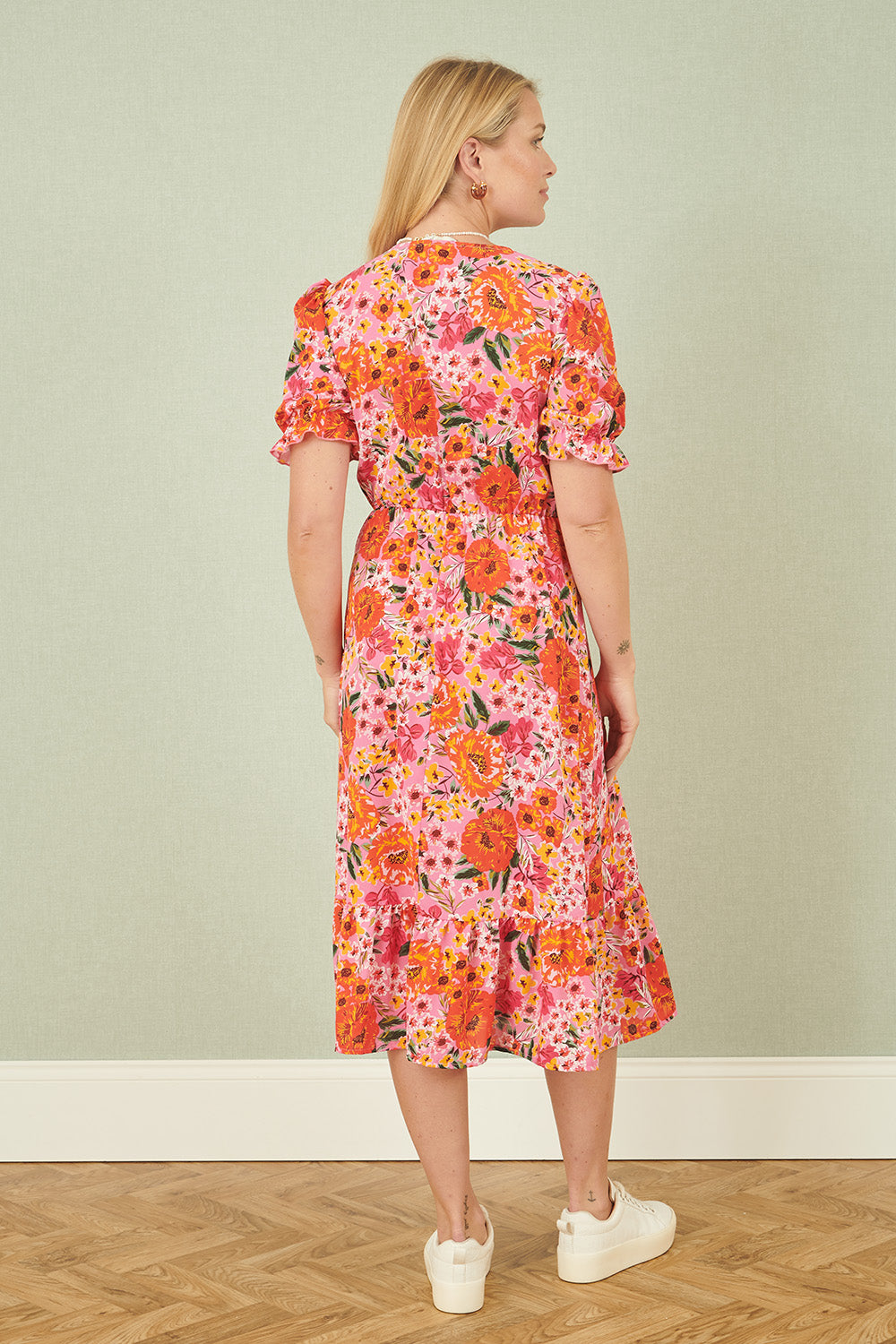 Yumi Pink Floral Midi Dress with Frill Hem and Puff Sleeves