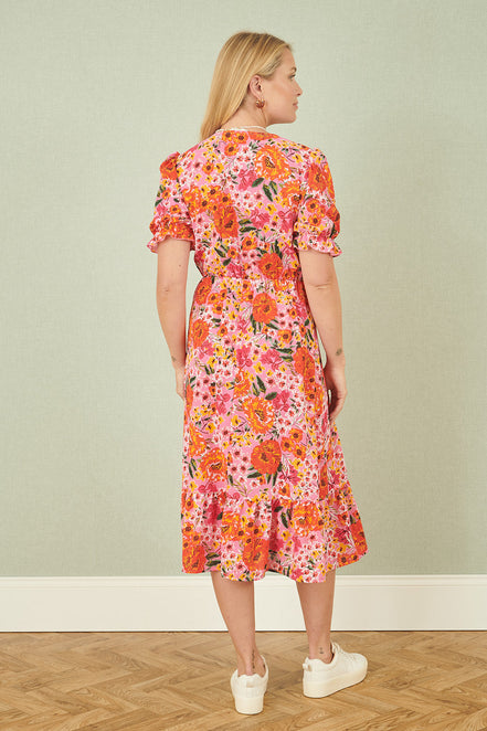 Yumi Pink Floral Midi Dress with Frill Hem and Puff Sleeves