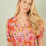 Yumi Pink Floral Midi Dress with Frill Hem and Puff Sleeves