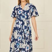 Yumi Navy Floral Midi Wrap Dress