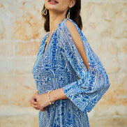 Yumi Blue Paisley Dipped Hemline Midi Dress with Open Long Sleeves