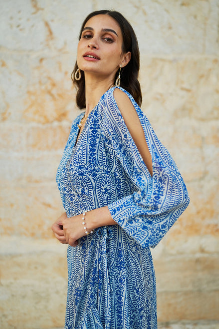 Yumi Blue Paisley Dipped Hemline Midi Dress with Open Long Sleeves