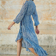 Yumi Blue Paisley Dipped Hemline Midi Dress with Open Long Sleeves