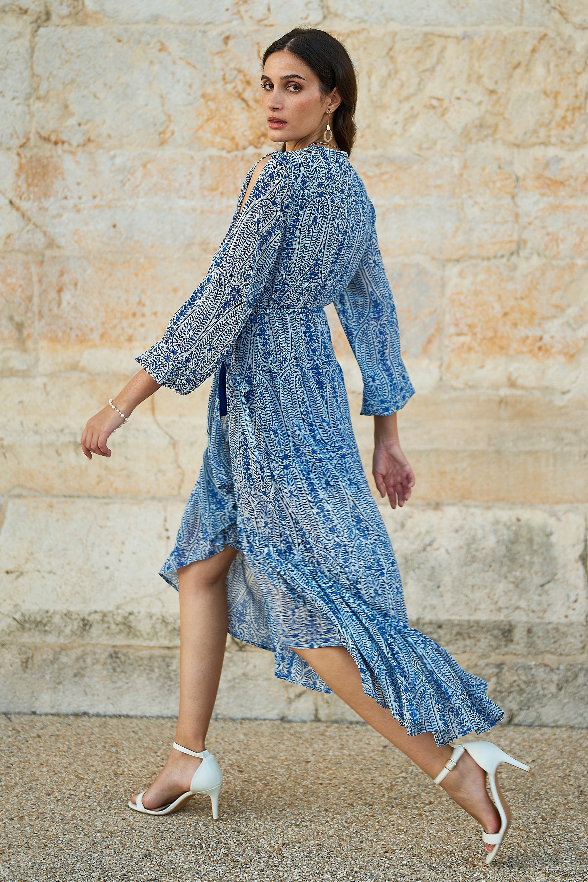 Yumi Blue Paisley Dipped Hemline Midi Dress with Open Long Sleeves