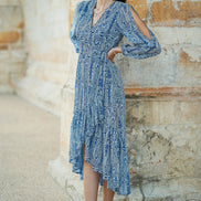 Yumi Blue Paisley Dipped Hemline Midi Dress with Open Long Sleeves