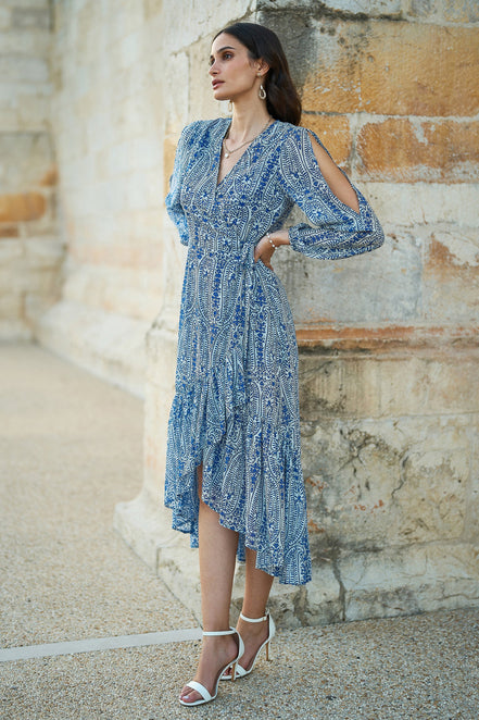 Yumi Blue Paisley Dipped Hemline Midi Dress with Open Long Sleeves