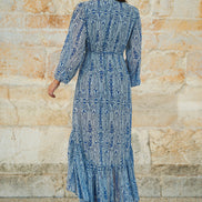 Yumi Blue Paisley Dipped Hemline Midi Dress with Open Long Sleeves