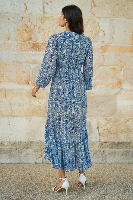 Yumi Blue Paisley Dipped Hemline Midi Dress with Open Long Sleeves