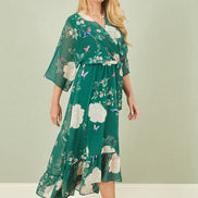 Yumi Green Bird and Floral Print Midi Wrap Dress