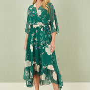 Yumi Green Bird and Floral Print Midi Wrap Dress