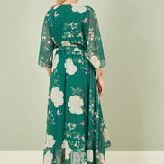 Yumi Green Bird and Floral Print Midi Wrap Dress