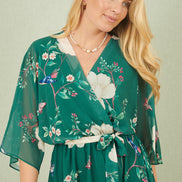 Yumi Green Bird and Floral Print Midi Wrap Dress