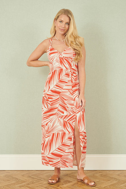 Yumi Orange Leaf Print Maxi Dress with Cross Back