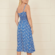 Yumi Blue Block Print Midi Sun Dress With Button Details