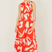 Yumi Orange Abstract Maxi Dress With Tie Back