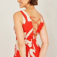 Yumi Orange Abstract Maxi Dress With Tie Back
