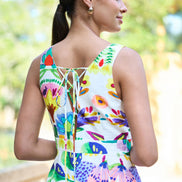 Yumi Multicolour Abstract Flower Maxi Dress With Tie Back