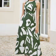 Yumi Green Cotton Abstract Print Maxi Dress with Tie Back