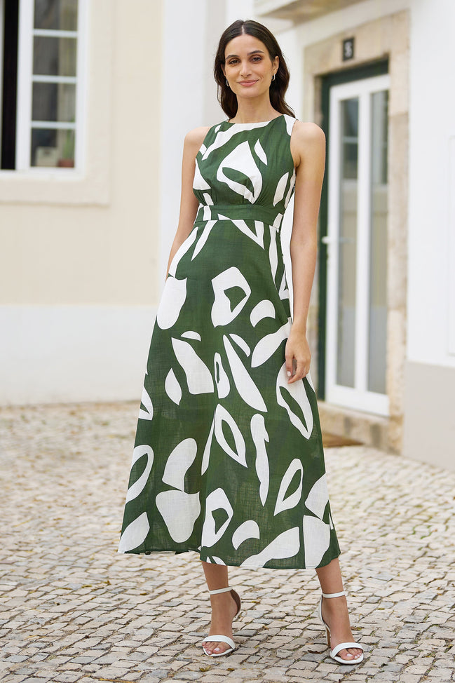 Yumi Green Cotton Abstract Print Maxi Dress with Tie Back
