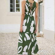 Yumi Green Cotton Abstract Print Maxi Dress with Tie Back