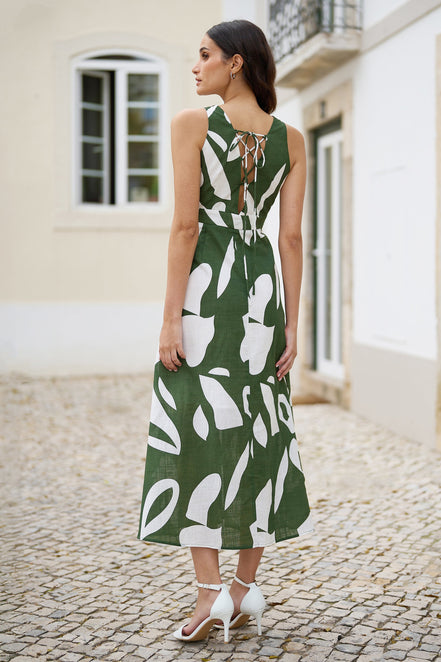 Yumi Green Cotton Abstract Print Maxi Dress with Tie Back