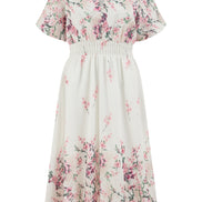 Yumi White Mirrored Floral Button Up Midi Dress with Ruched Waist