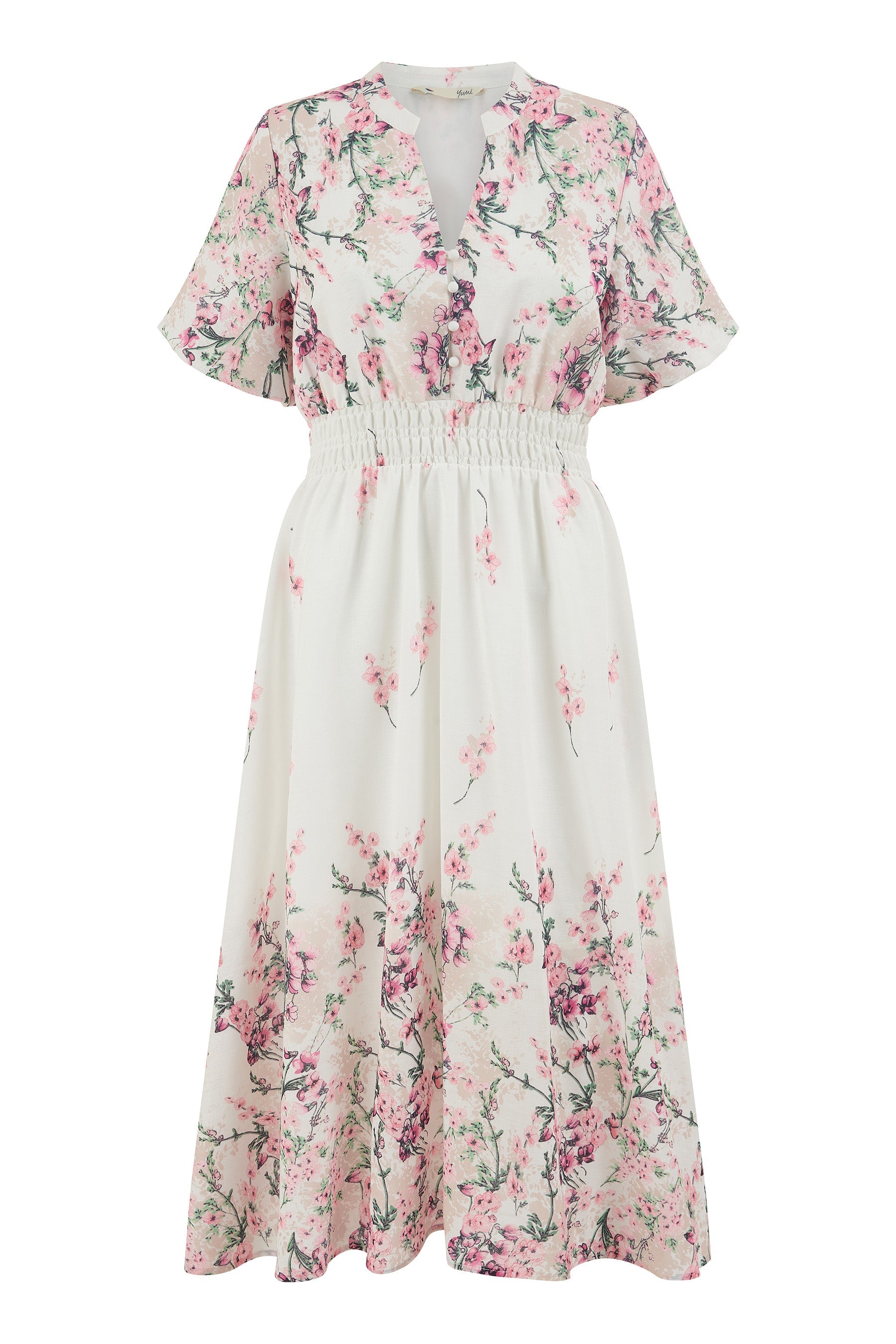Yumi White Mirrored Floral Button Up Midi Dress with Ruched Waist