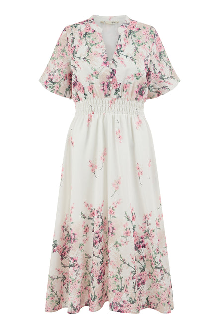 Yumi White Mirrored Floral Button Up Midi Dress with Ruched Waist