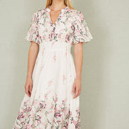 Yumi White Mirrored Floral Button Up Midi Dress with Ruched Waist