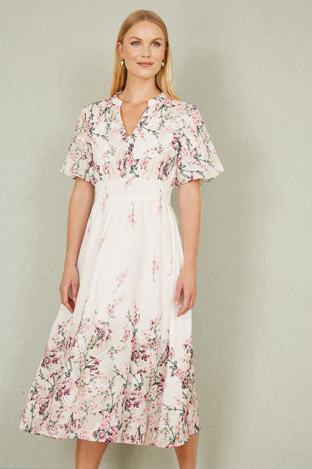 Yumi White Mirrored Floral Button Up Midi Dress with Ruched Waist